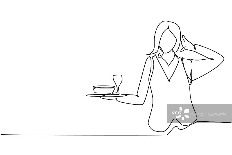 女服务员与“呼叫我”手势单线连续绘图图片素材