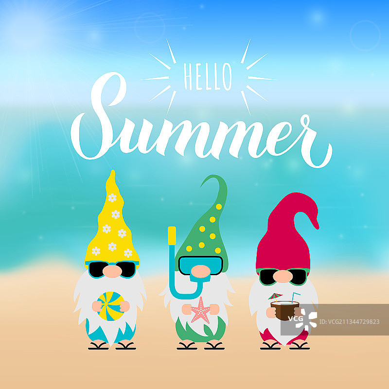 海滩侏儒你好夏天书法图片素材