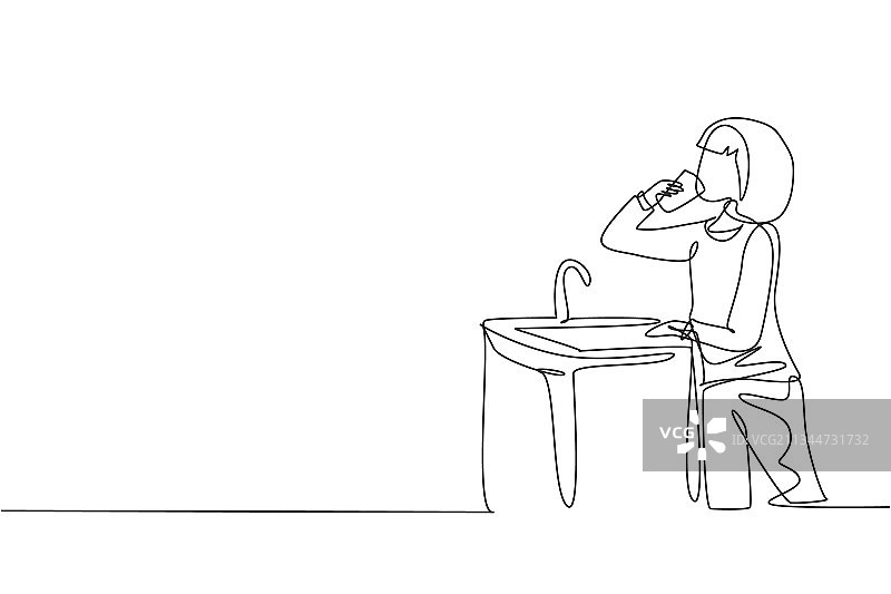 单线画：女孩喝水图片素材
