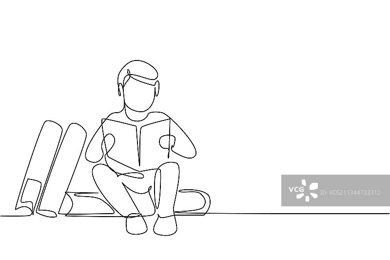 单线画：小男孩阅读图片素材