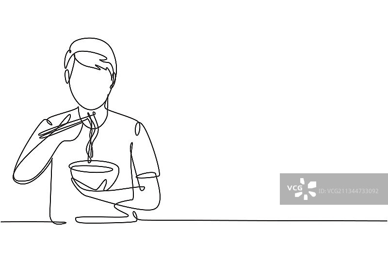 年轻男子吃面条单线画图片素材