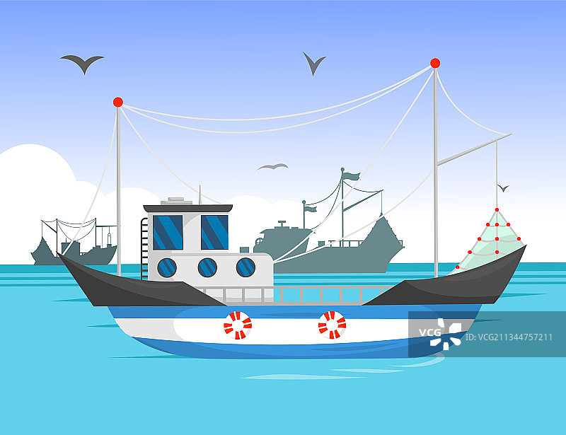 卡通风格的白天航行拖网渔船图片素材