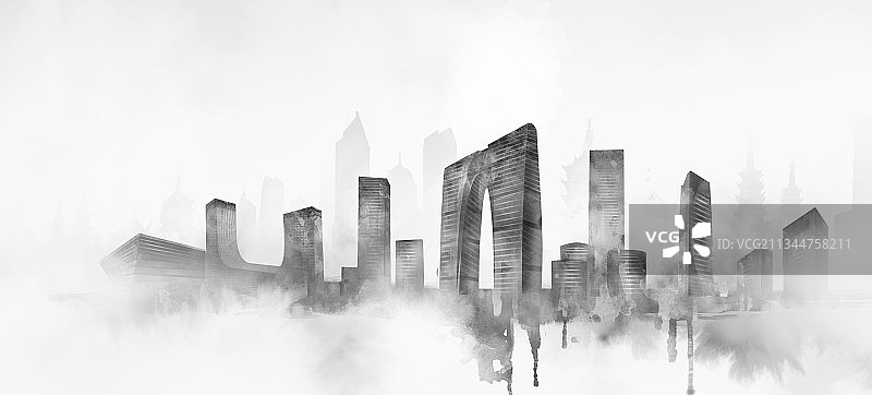 水墨城市地标建筑插画苏州图片素材