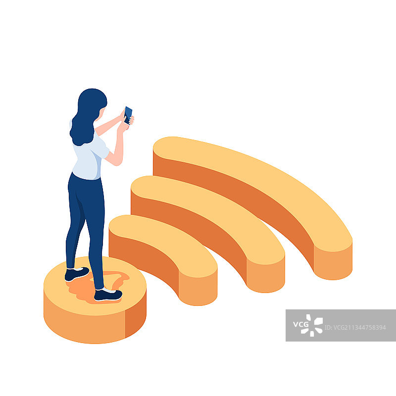 站在WiFi符号上使用设备的2.5D女人图片素材