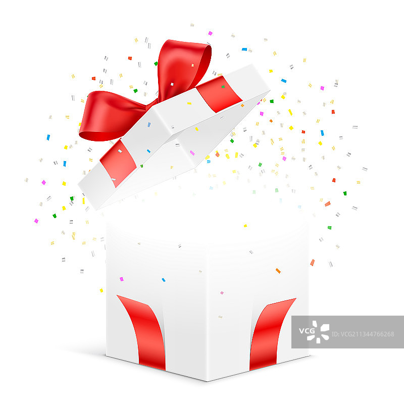 打开的礼品盒，彩色纸屑飞散图片素材