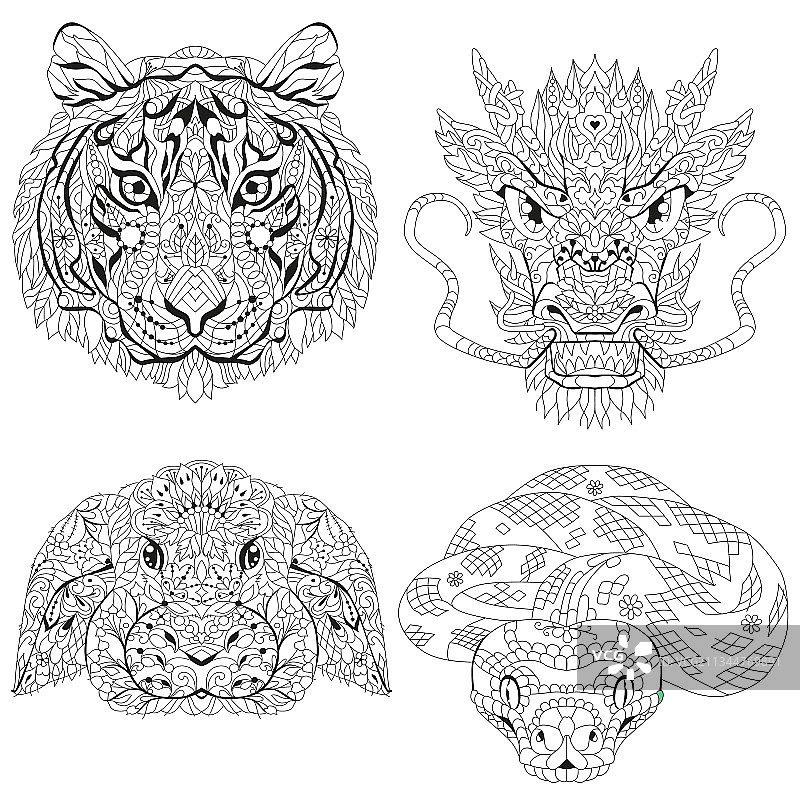 zentangle风格的老虎、龙、兔子和蛇头图片素材