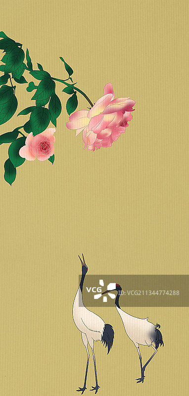 中国风传统绘画艺术国画水墨风工笔花鸟画月季丹顶鹤古风背景插画图片素材