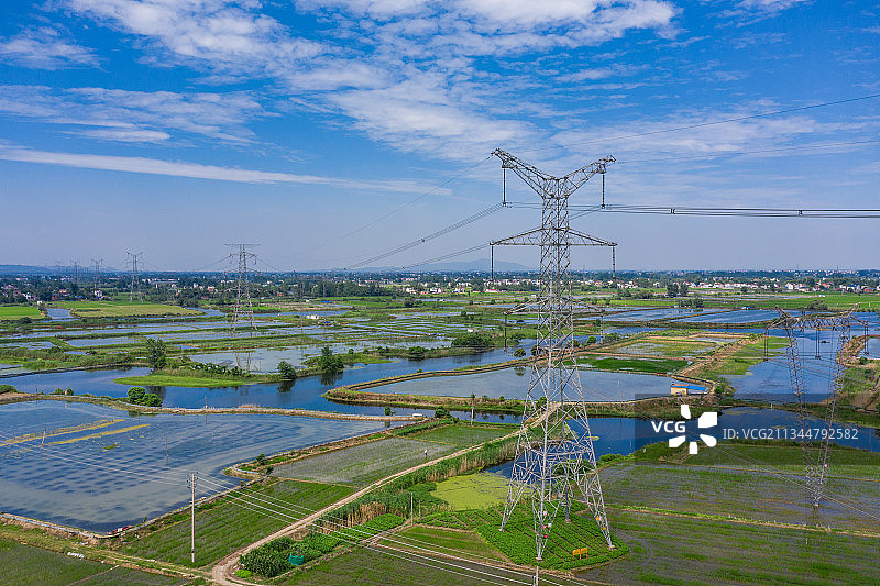绿色农田上的高压电网图片素材