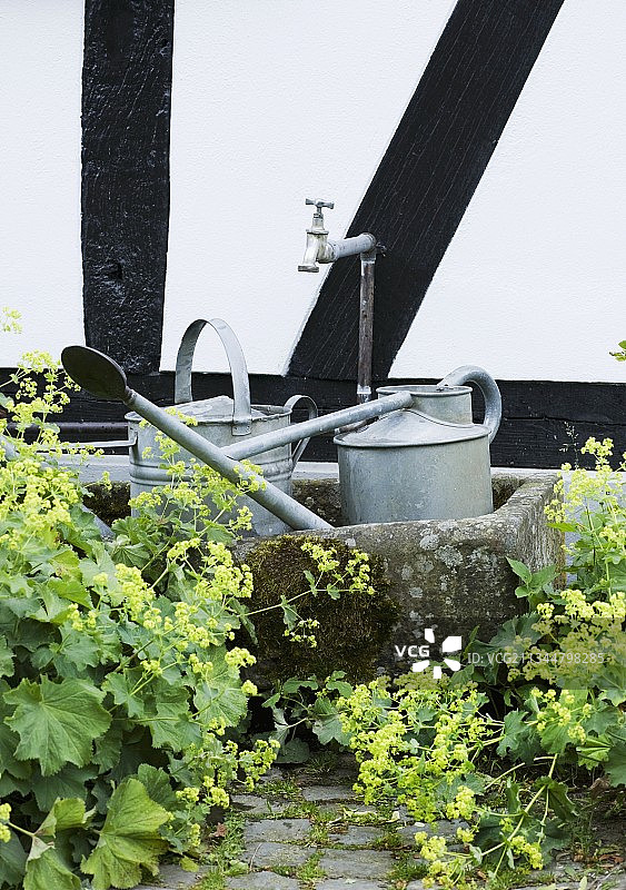 半木结构建筑前，苔藓石槽中的金属洒水壶图片素材