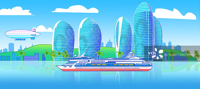 海滨城市沿海都市建筑著名景点豪华游轮旅游城市背景插画图片素材