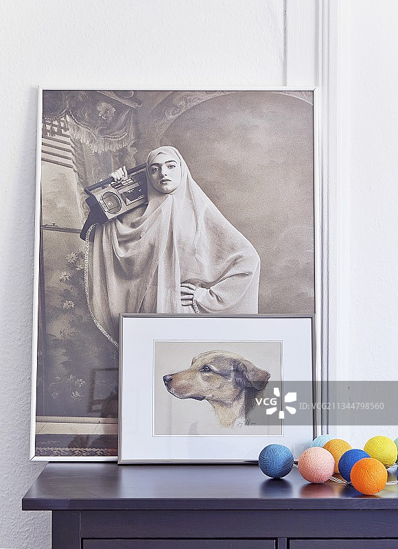 狗的图片，黑白艺术照，柜子上彩色球后方的女性图片素材