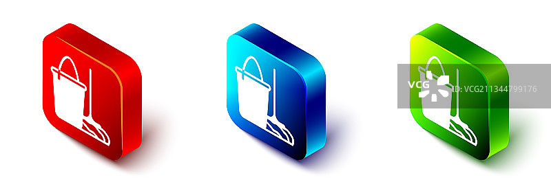 2.5D拖把和水桶图标，白色背景图片素材