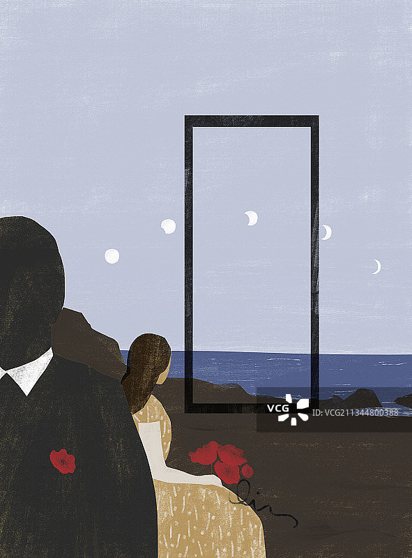 海边远望的女士背影和男士插画图片素材