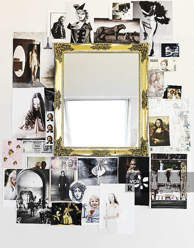 围绕金框镜子的照片拼贴图片素材