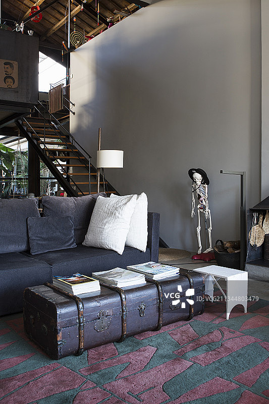 用作咖啡桌的复古行李箱、沙发和楼梯前的骨骼模型图片素材