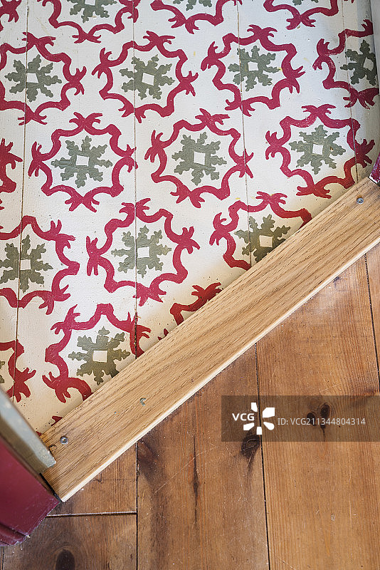 不同的地板覆盖物：木板和绿红色图案瓷砖图片素材