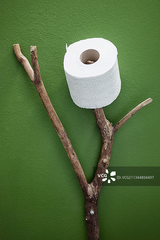 用作卫生纸架的树枝，背景是绿色的墙图片素材