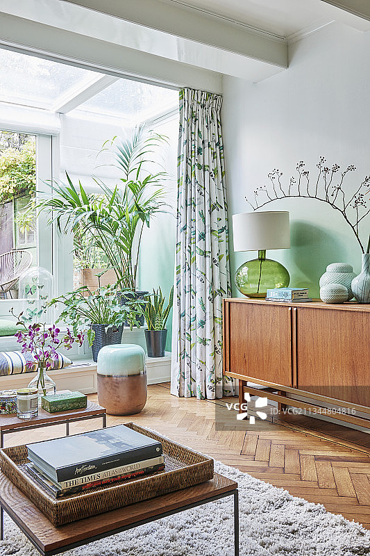 具有绿色和白色渐变墙壁的世纪中期现代客厅图片素材