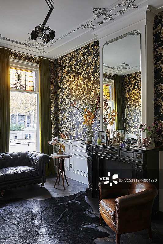 带有灰泥元素和开放式壁炉的古典深色客厅图片素材