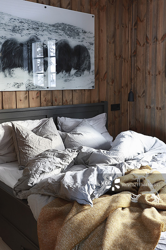 舒适卧室的褶皱床铺，木质墙壁图片素材