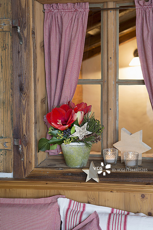 农舍窗台上孤挺花和木星装饰图片素材