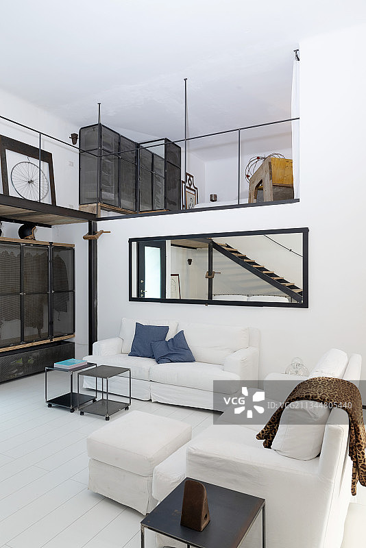 工业风阁楼公寓客厅白色沙发与画廊景观图片素材