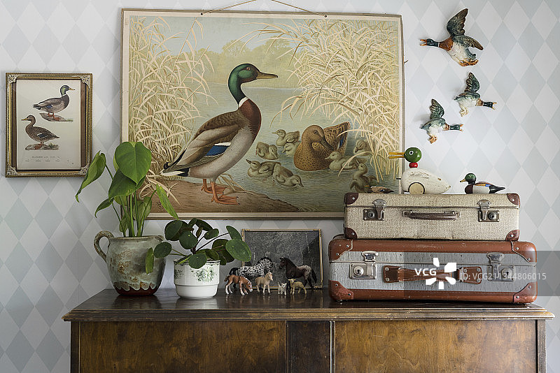 古董柜子上摆放着复古手提箱，前面是鸭子图案的海报图片素材