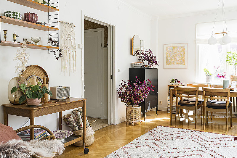 背景是细绳架子和用餐区的餐车图片素材