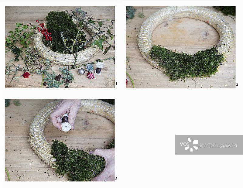 用苔藓和天然材料制作花环教程图片素材