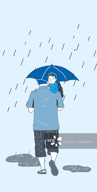 卡通下雨天放学后接孩子父与子爸爸打伞孩子淋雨搞笑背景插画图片素材