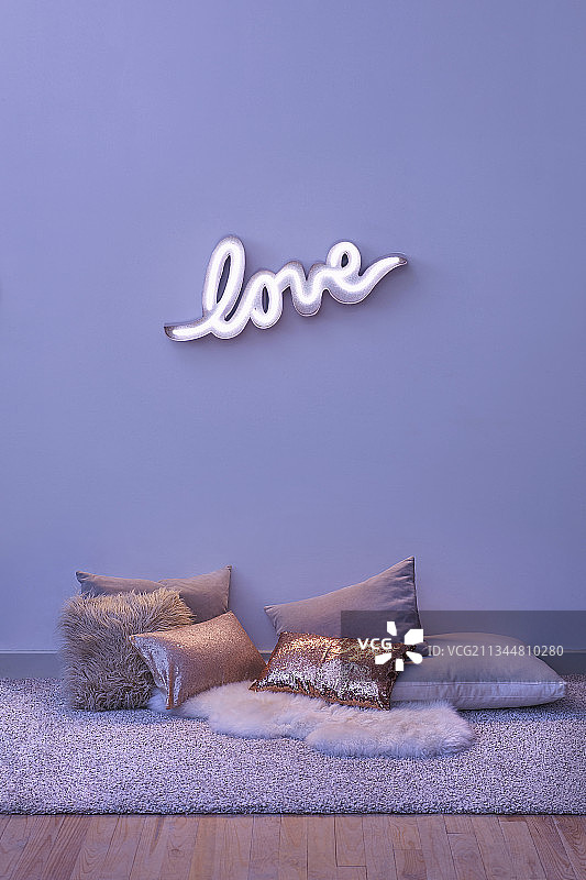 拼写“LOVE”的霓虹灯壁灯和地板上的各种垫子图片素材