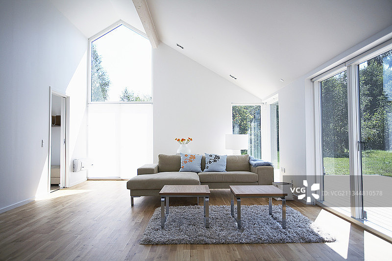 客厅露台门旁的沙发组合和咖啡桌图片素材