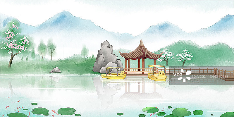 中国风园林亭台楼阁水彩画图片素材