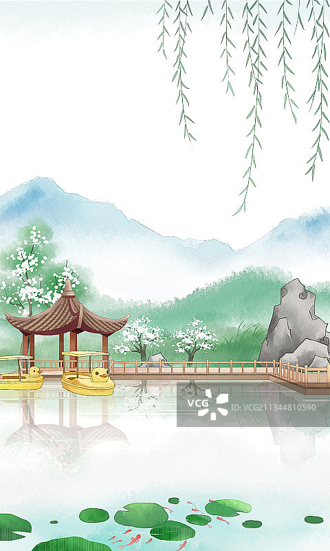 新国风亭台楼阁园林水彩画图片素材