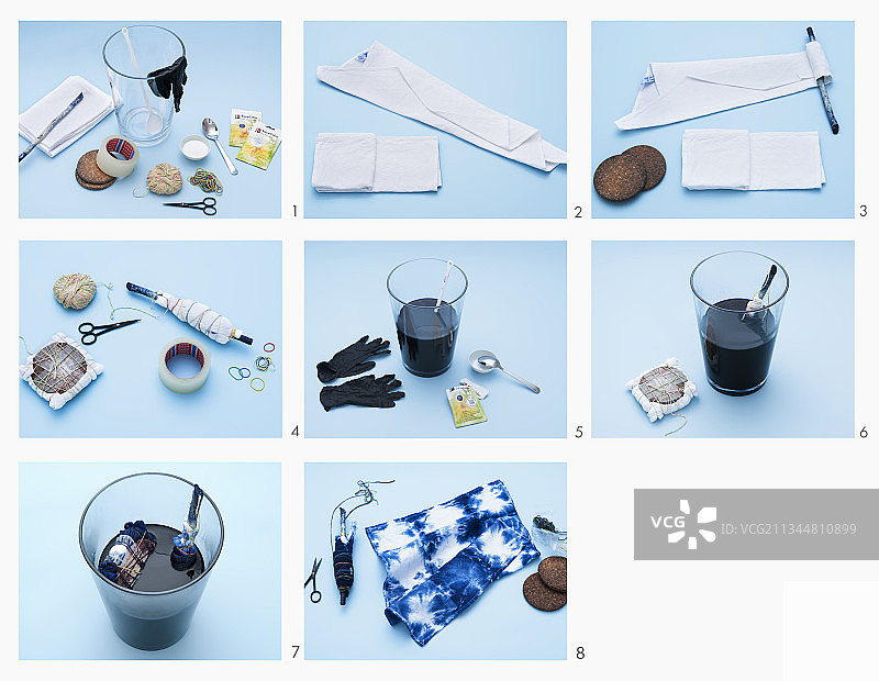 使用扎染技术染色茶巾的说明图片素材