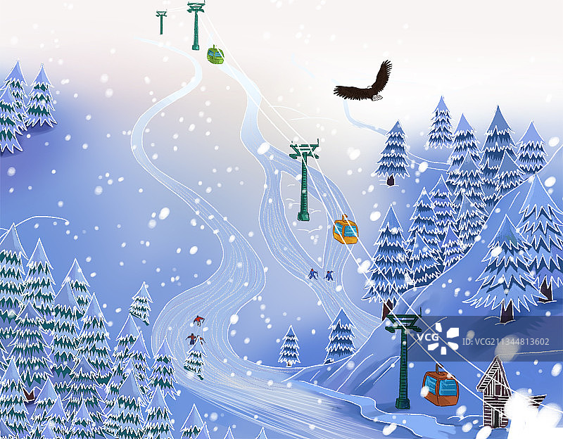 二十四节气大雪滑雪场旅游户外林海雪原原始森林滑雪娱乐背景插画图片素材