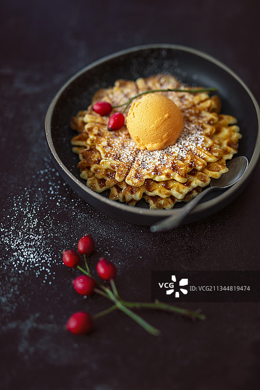 华夫饼配玫瑰果冰淇淋图片素材