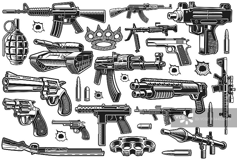 白色背景上孤立的不同武器图片素材