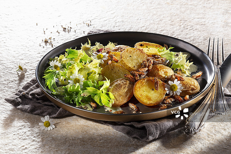 烤土豆配烤肉和沙拉图片素材