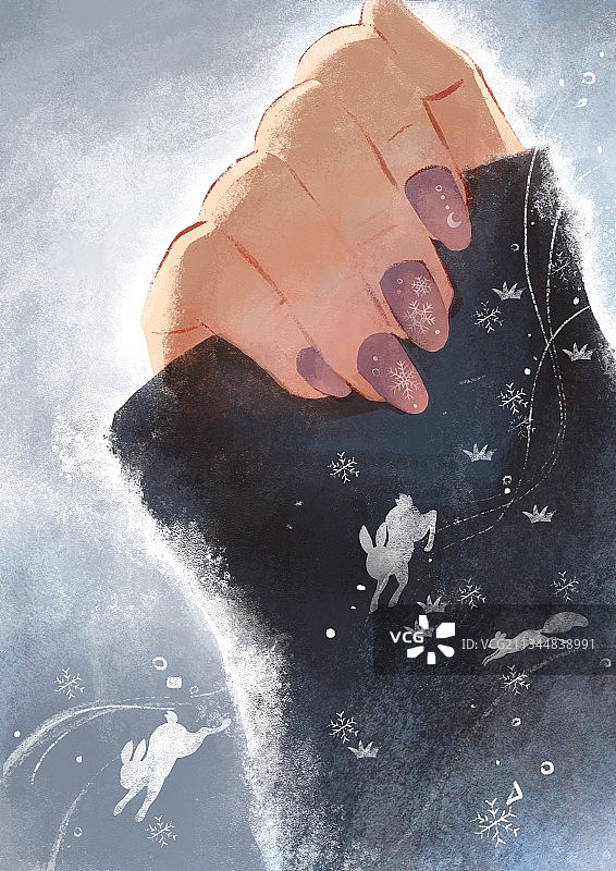 雪花落在袖子上变成白兔图片素材