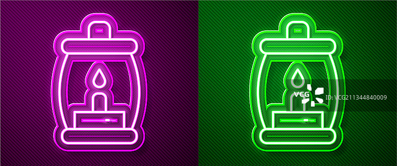 黑色背景上的发光霓虹线条露营灯笼图标图片素材