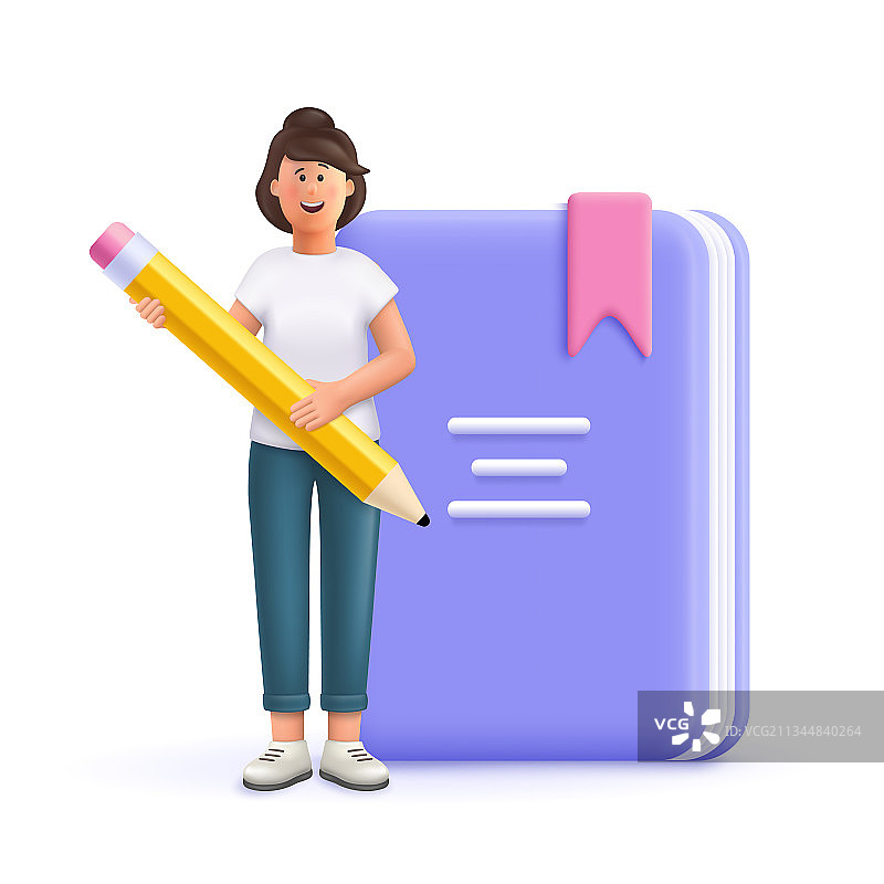 年轻女人简拿着笔在一本巨大的书前图片素材