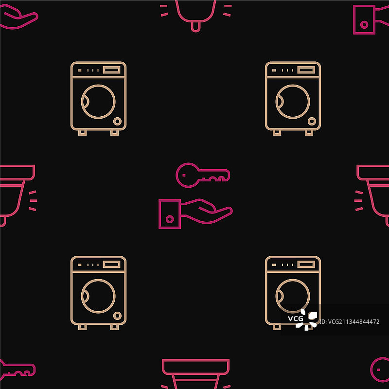 酒店服务铃、洗衣机与门锁线性图标图片素材