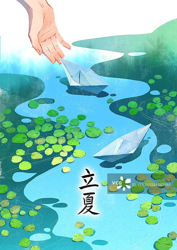 一只手将纸船放进池塘图片素材
