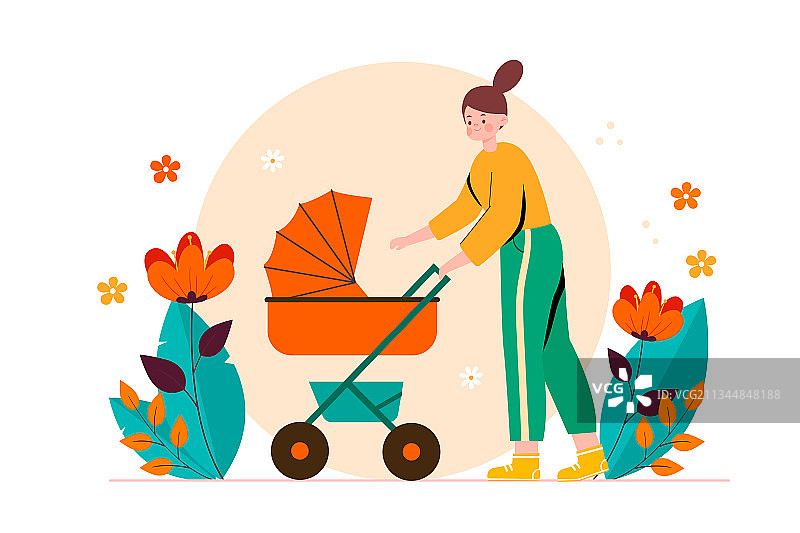 推婴儿车的妈妈矢量插画图片素材