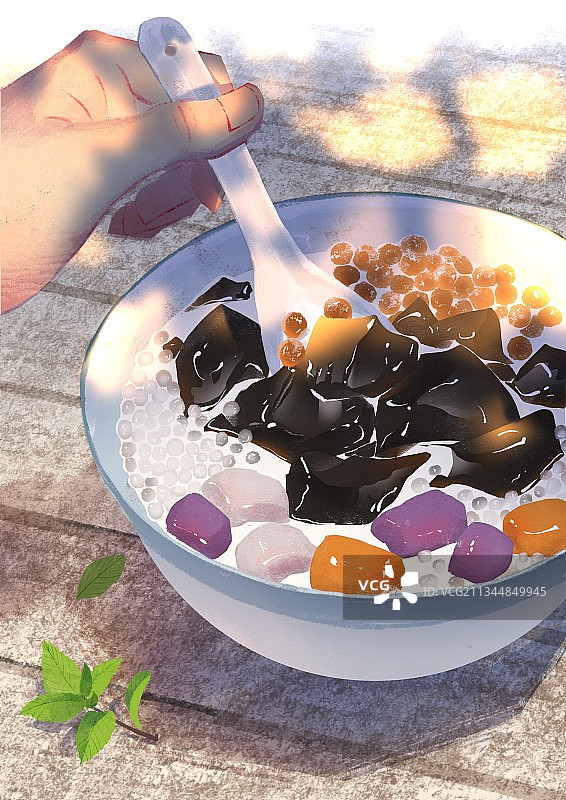 一只手用勺子舀烧仙草图片素材