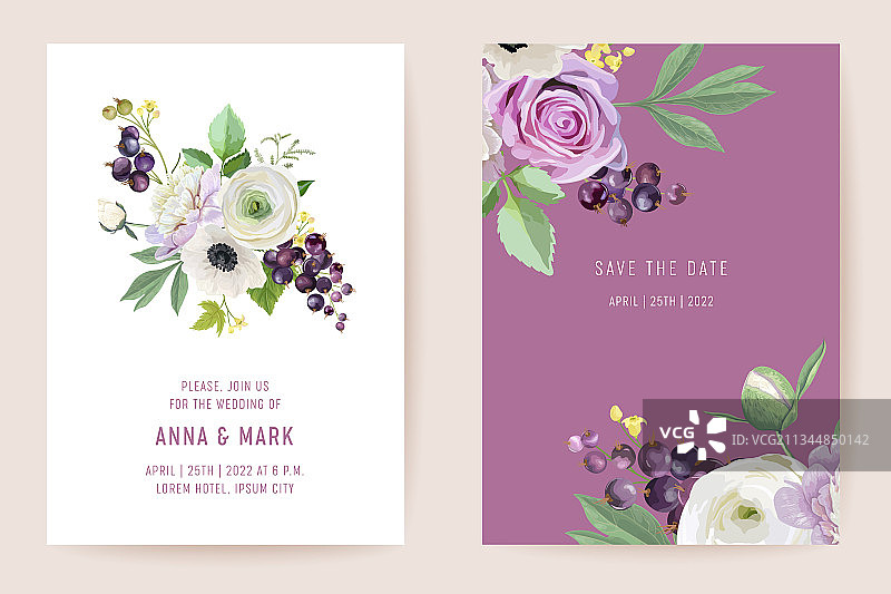 水彩婚礼黑加仑浆果花卉图片素材