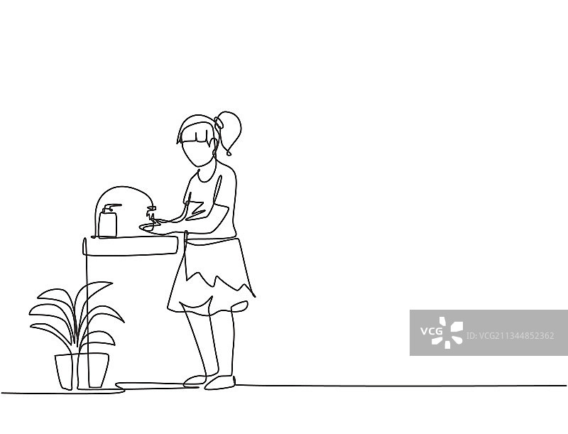 女孩洗漱单线连续画图片素材