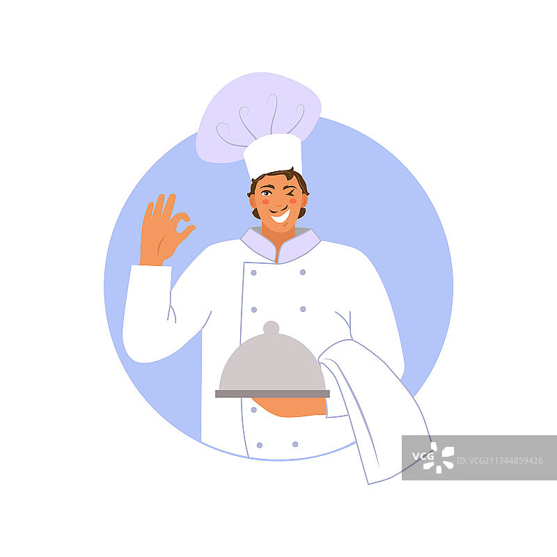 微笑的厨师身穿制服，手托银盘图片素材