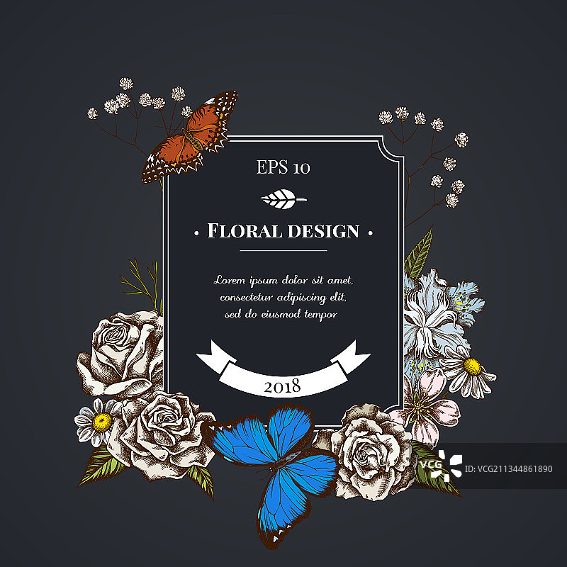 带有鸢尾花和丝石竹的深色徽章设计图片素材